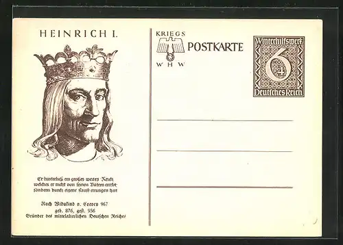 AK Portrait von König Heinrich I., Ganzsache WHW Winterhilfswerk