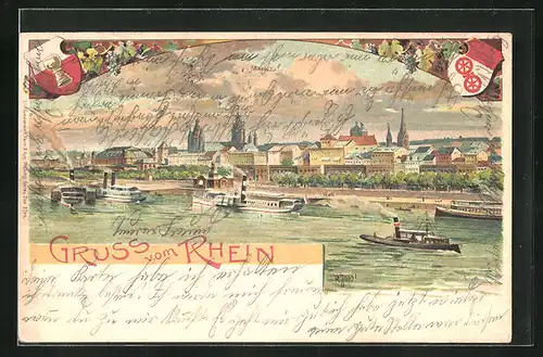 Lithographie Mainz, Panorama mit Rhein