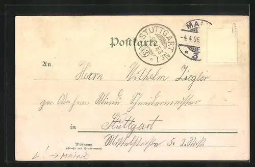 Lithographie Mainz, Panorama mit Rhein