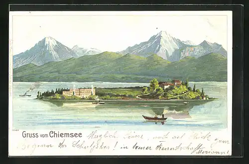Lithographie Chiemsee, Insel gegen Gebirge