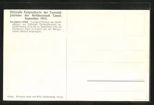 Künstler-AK Cassel, Festpostkarte zur Tausendjahrfeier 1913, Landgraf Philipp der Grossmütige