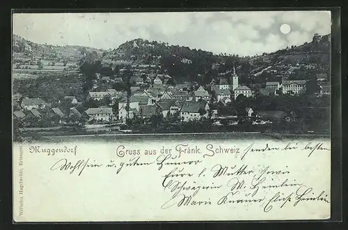 Mondschein-AK Muggendorf, Panorama mit Kirche