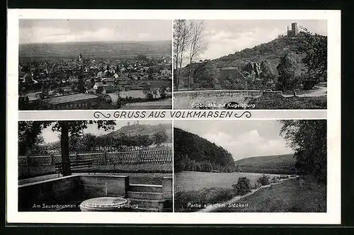 AK Volkmarsen, Sauerbrunnen mit Kugelsburg, Erpbrücke mit Kugelsburg