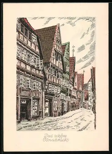 Künstler-AK Osnabrück, Strasse mit Fachwerkhäusern