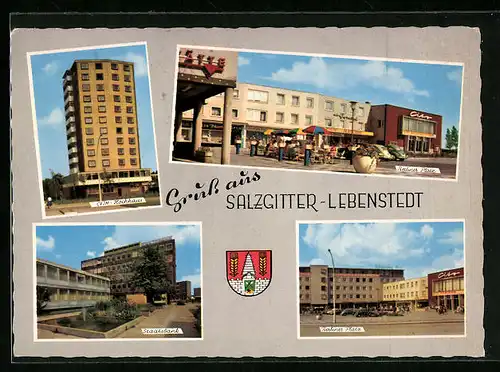 AK Salzgitter-Lebenstedt, Berliner Platz, Staatsbank, CVJM-Hochhaus