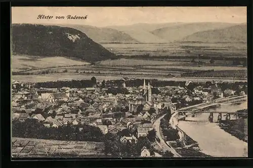 AK Höxter vom Rodeneck, Ortsansicht mit Kirche und Fluss