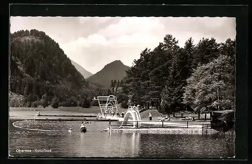 AK Bad Faulenbach bei Füssen, Naturbad Obersee mit Sprungturm und Wasserrutsche