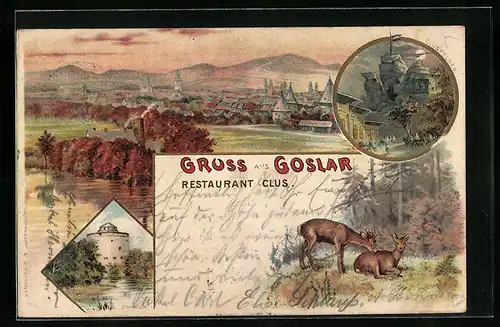 Lithographie Goslar, Clusfelsen, Zwinger, Rehe