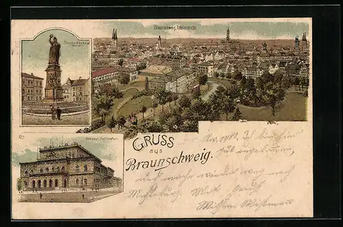 Lithographie Braunschweig, Sieges-Denkmal, Herzogl. Hoftheater, Totalansicht