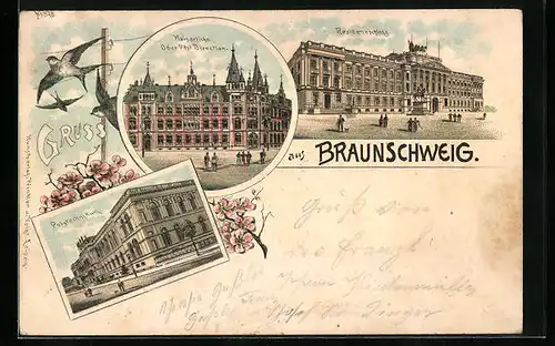Lithographie Braunschweig, Residenzschloss, Kaiserliche Ober Post Direction, Polytechnikum