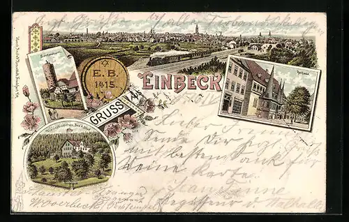 Lithographie Einbeck, Rathaus, Storchenturm, Eisenbahn verlässt die Stadt