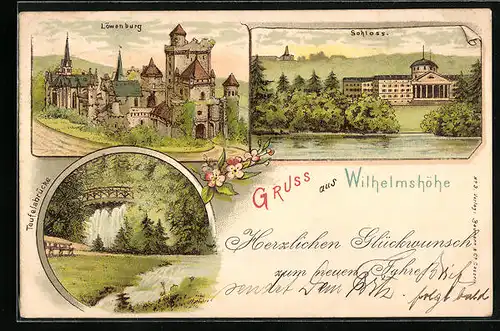Lithographie Wilhelmshöhe, Teufelsbrücke, Löwenburg, Schloss