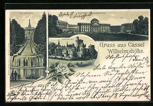 Lithographie Wilhelmshöhe, Die Cascaden, Löwenburg, Schloss