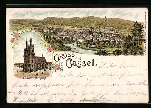 Lithographie Cassel, St. Martinskirche, Gesamtansicht mit Flusslauf