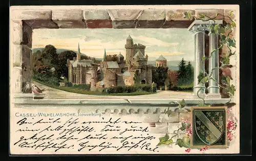 Lithographie Cassel-Wilhelmshöhe, Löwenburg, Stadtwappen