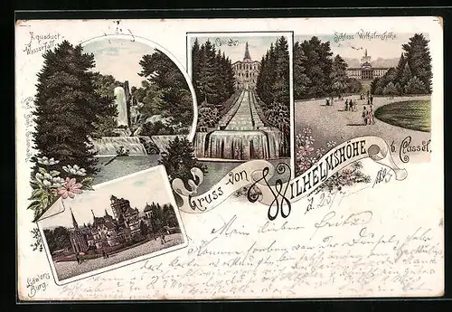 Vorläufer-Lithographie Wilhelmshöhe b. Cassel, 1895, Cascaden, Aquaduct Wasserfall, Schloss Wilhelmshöhe