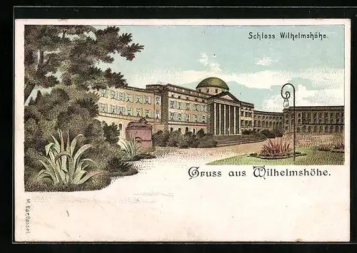 Lithographie Cassel-Wilhelmshöhe, Schloss Wilhelmshöhe vom Garten aus gesehen