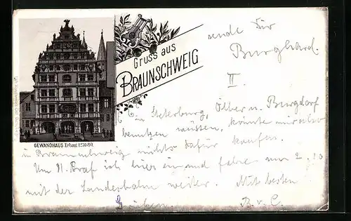 Lithographie Braunschweig, Gewandhaus, Blick auf Fassade