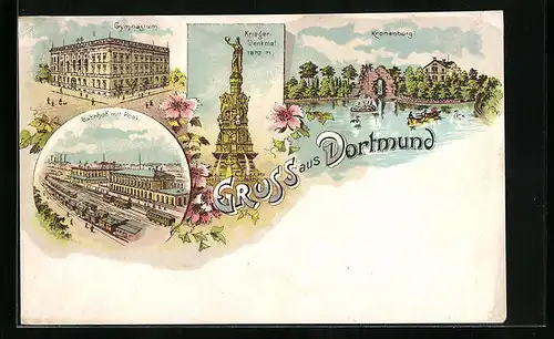 Lithographie Dortmund, Kronenburg, Gymnasium, Bahnhof mit Post