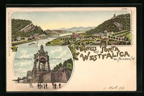 Lithographie Porta Westfalica, Panorama mit Kaiser Wilhelm Denkmal