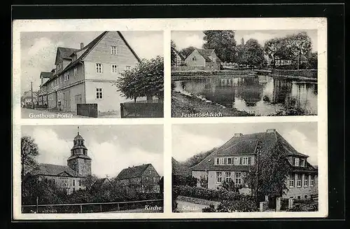 AK Landwehrhagen über Kassel, Gasthaus Pötter, Schule, Kirche, Feuerlöschteich