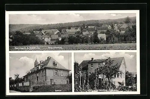 AK Bermbach über Weilburg, Gesamtansicht mit Handlung Otto Volz und Schule