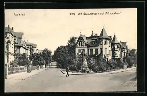 AK Giessen, Berg- und Gartenstrasse mit Jahndenkmal