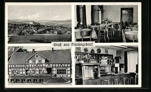 AK Frielingsdorf, Gasthaus zur Schützenburg, Innen- und Aussenansicht, Ortsansicht
