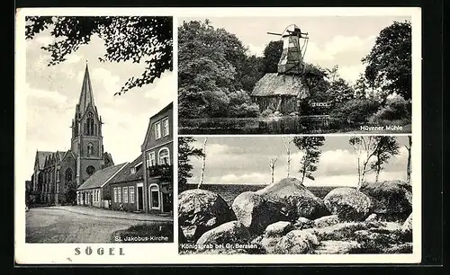 AK Sögel, St. Jakobus-Kirche, Königsgrab b. Gr. Berssen, Hüvener Mühle