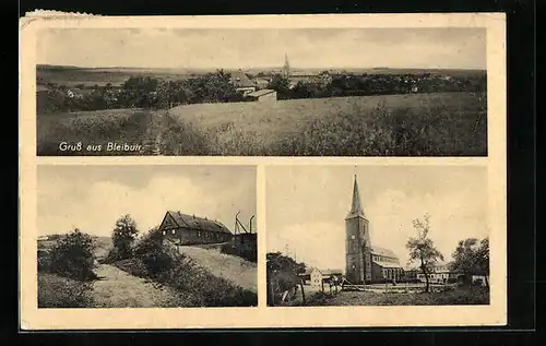 AK Bleibuir, Kirche, Gebäude auf Hügel, Panorama vom Felde aus