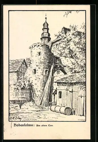 Künstler-AK Hohensolms, Partie am alten Tor der Burg