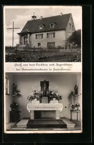 AK Freiensteinau, Kirche und Jugendheim mit Altar, Innen- und Aussenansicht