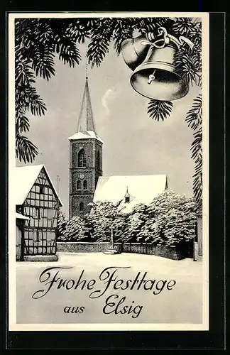 AK Elsig, Kirche im Winter, Frohe Festtage