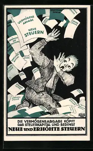 Künstler-AK Mann erstickt unter neuen und erhöten Steuern, Arbeiterbewegung