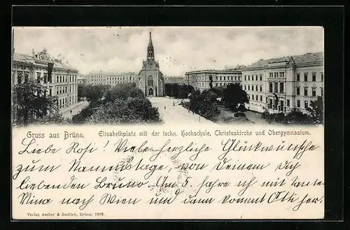 AK Brünn / Brno, Elisabethplatz mit techn. Hochschule, Christuskirche und Obergymnasium