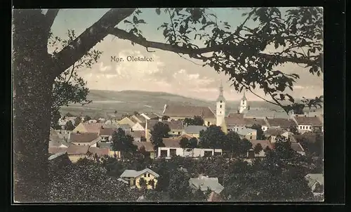 AK Mor. Olesnice, Panorama, Kostel