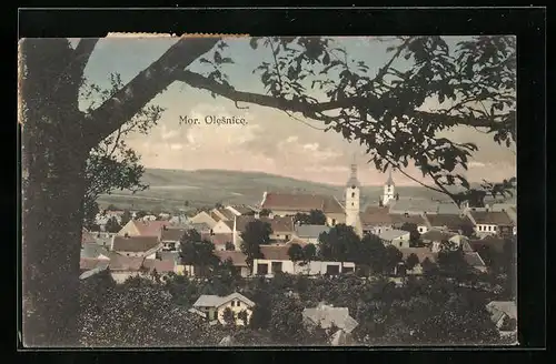 AK Mor. Olesnice, Panorama, Kostel