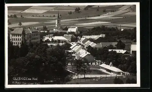 AK Olesnice na Mor., Panorama, Kostel