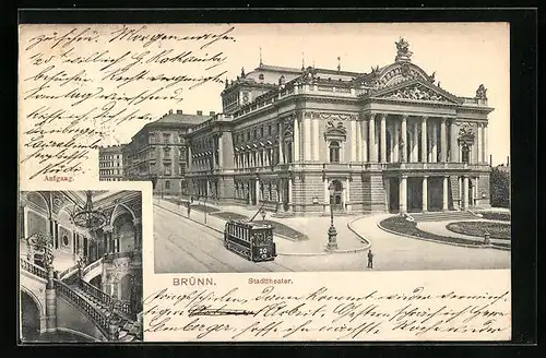 AK Brünn / Brno, Strassenbahn am Stadttheater