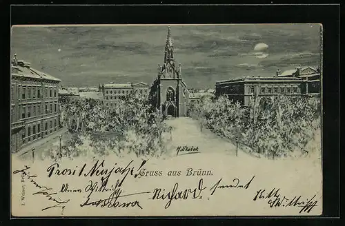 Künstler-AK Brünn / Brno, Blick zur Kirche