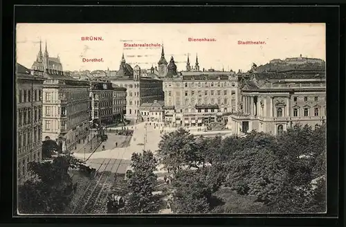 AK Brünn / Brno, Teilansicht mit Staatsrealschule, Bienenhaus und Stadttheater