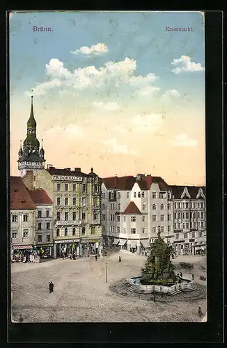 AK Brünn / Brno, Krautmarkt mit Geschäften und Brunnen