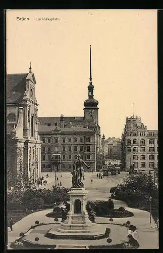 AK Brünn / Brno, Lazanskyplatz mit Denkmal und Strassenbahn