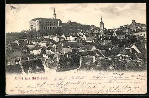 AK Nikolsburg N. D., Blick auf die Dächer und auf das Schloss