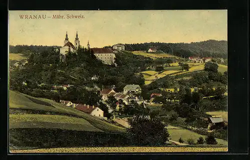 AK Wranau /Mähr. Schweiz, Ortsansicht mit Wallfahrtskirche