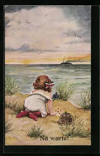 Künstler-AK Mädchen mit Spielzeug-Geschütz am Strand
