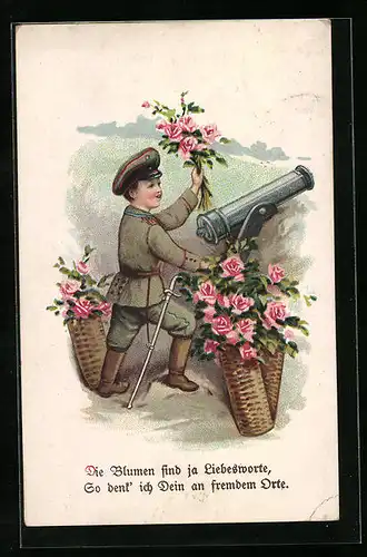 Lithographie Kleiner Soldat mit Geschützund Blumen