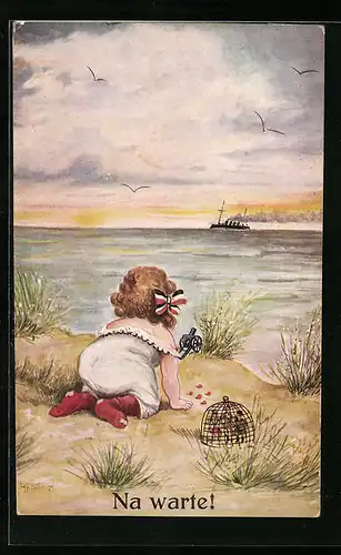 AK Mädchen am Strand mit kleinem Geschütz