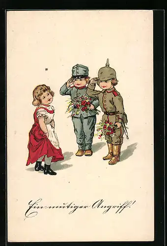 AK Zwei junge Soldaten salutieren einem Mädchen, Kinder Kriegspropaganda