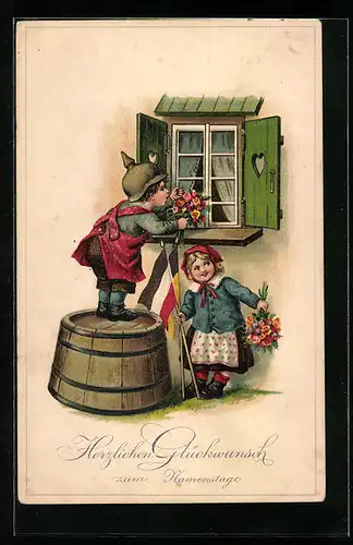 AK Kleiner Junge mit Pickelhaube klopft an einem Fenster, Kinder Kriegspropaganda